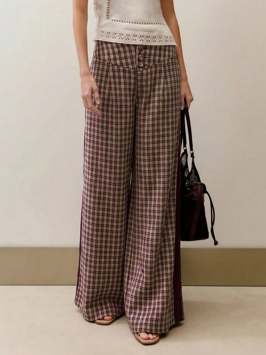 Pants - Brown Casual Women's Plaid High Waisted Wide-Leg Relaxed Fit Loose Trousers